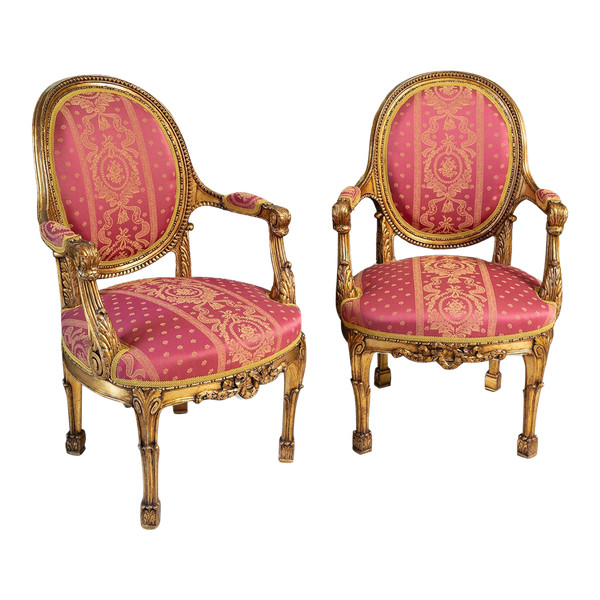 Coppia Di Poltrone Napoleone III In Legno Dorato E Intagliato. Francia del XIX secolo.