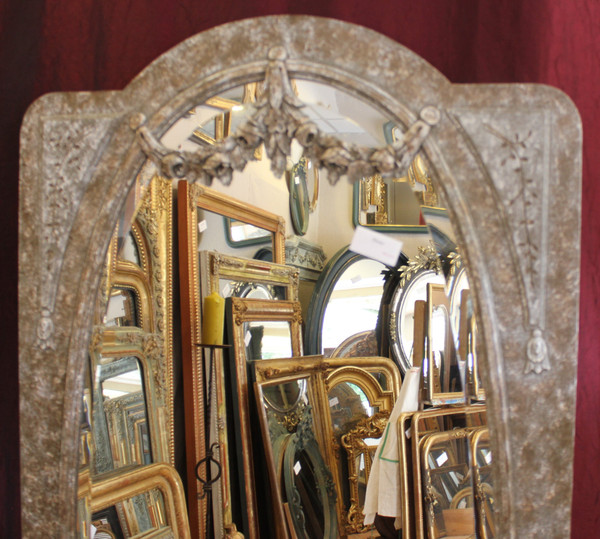 89 X 169 Cm, Grand Miroir De Pied De Style Louis XVI, Bois Patiné, glace ovale biseautée