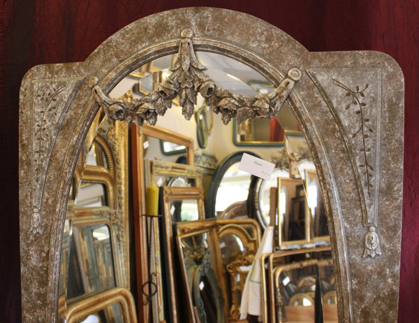 89 X 169 Cm, Grand Miroir De Pied De Style Louis XVI, Bois Patiné, glace ovale biseautée