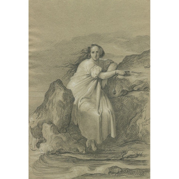 Giulio PIATTI (1816-1872) - Italie - Femme sur un rocher - Dessin original ancien