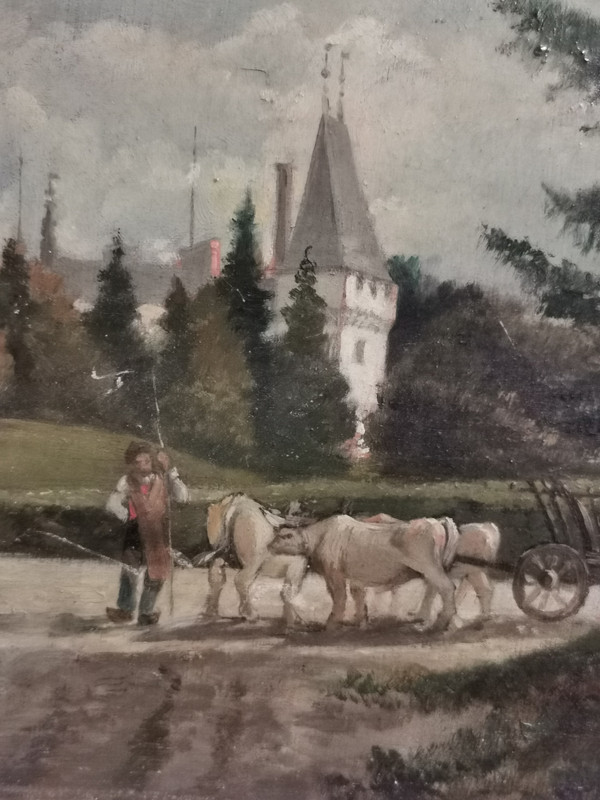 olio su tavola, squadra di buoi davanti a un castello di P Rondé