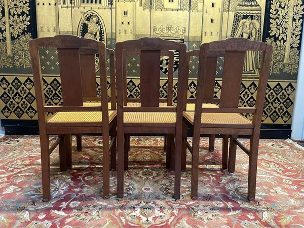 Suite de 6 chaises époque Art Déco en chêne et cannage - cannées 
