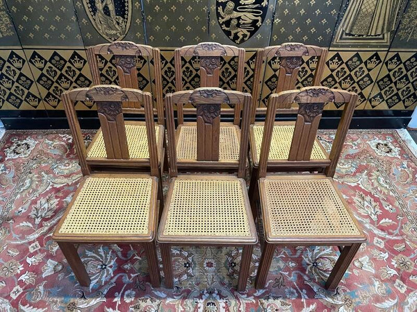 Suite de 6 chaises époque Art Déco en chêne et cannage - cannées 