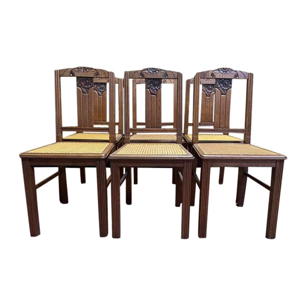 Suite de 6 chaises époque Art Déco en chêne et cannage - cannées 