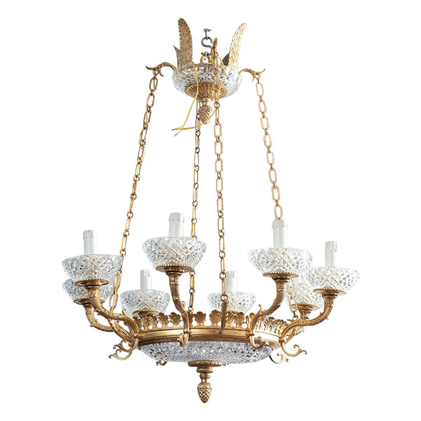 Lampadario Antico Napoleone III Francese In Bronzo Dorato E Cristallo. Periodo del XIX secolo.