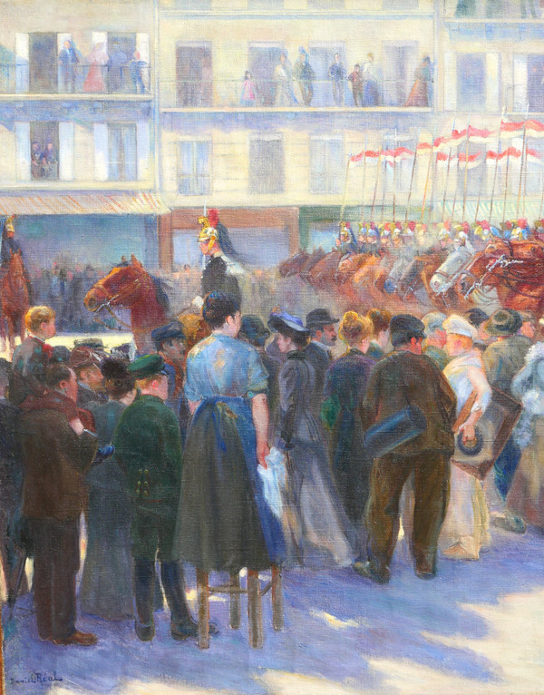 Daniel Réal 1877-1931 Le défilé des dragons-lanciers, tableau militaire, 1904