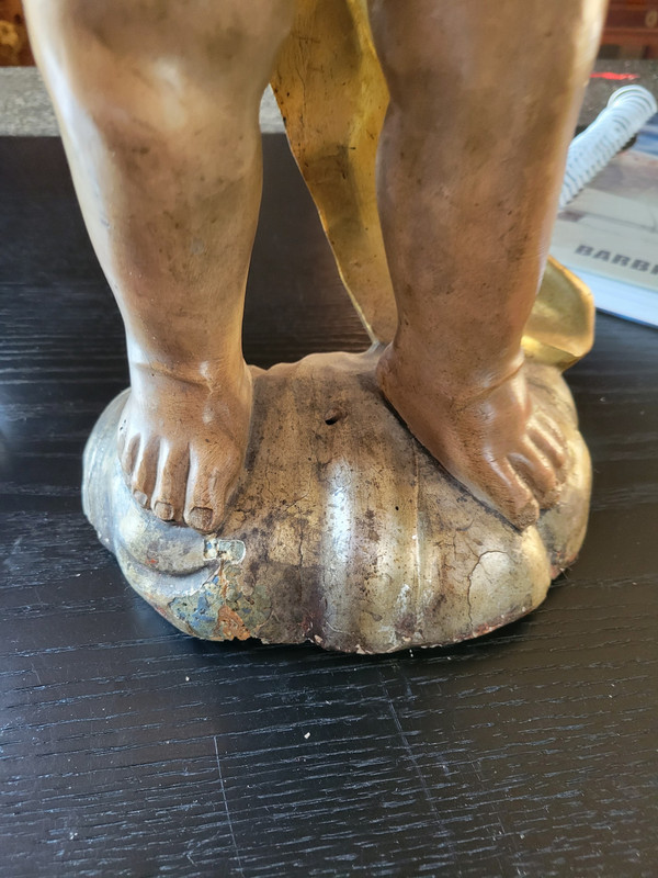 Porte Trocheres En Bois Sculpte Polychome d'Un Ange Tenant Une Corne d'Abondance