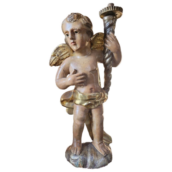 Porte Trocheres En Bois Sculpte Polychome d'Un Ange Tenant Une Corne d'Abondance