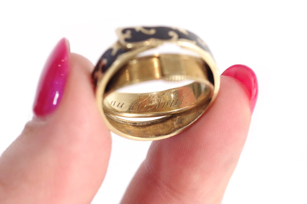 Anello cintura segreta in oro 14k, vecchio anello, smalto nero, gioiello segreto, anello di lutto