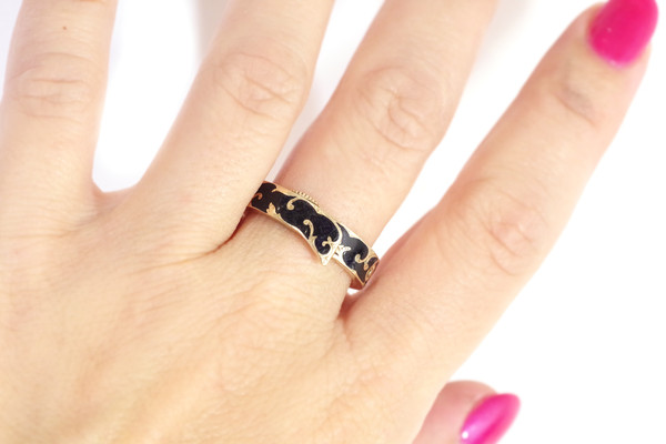 Anello cintura segreta in oro 14k, vecchio anello, smalto nero, gioiello segreto, anello di lutto