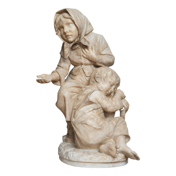 Sculpture Ancienne En Albâtre Représentant Les Enfants Mendiants Florence 19ème Siècle.