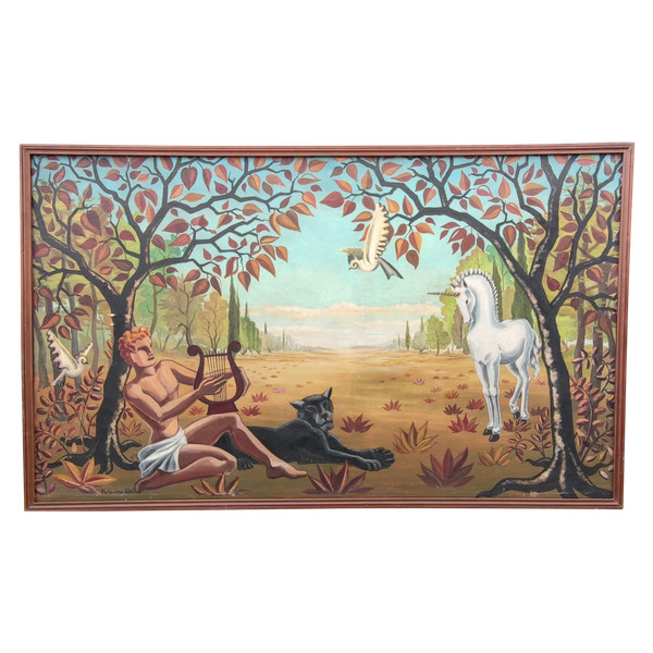 Antique Very Large Art Deco Unicorn Painting On Canvas Cocteau / Lefol Style