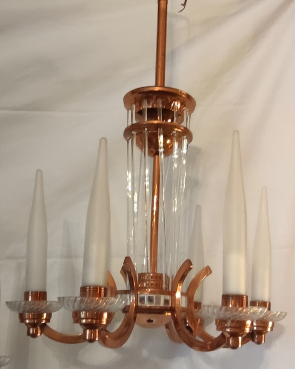 Henri Petitot Art Deco Copper and Glass Chandelier Floor Lamp Set