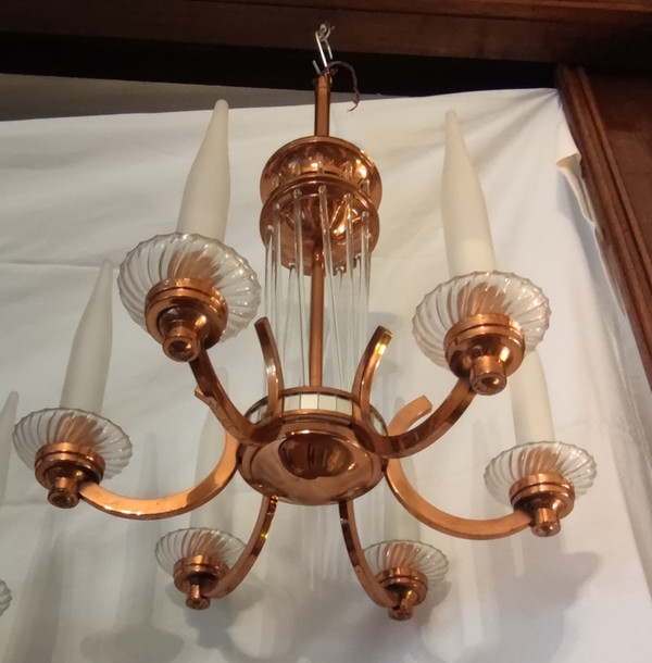 Henri Petitot Art Deco Copper and Glass Chandelier Floor Lamp Set