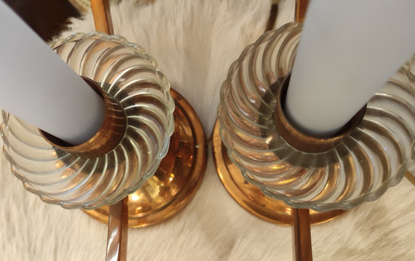 Henri Petitot Art Deco Copper and Glass Chandelier Floor Lamp Set