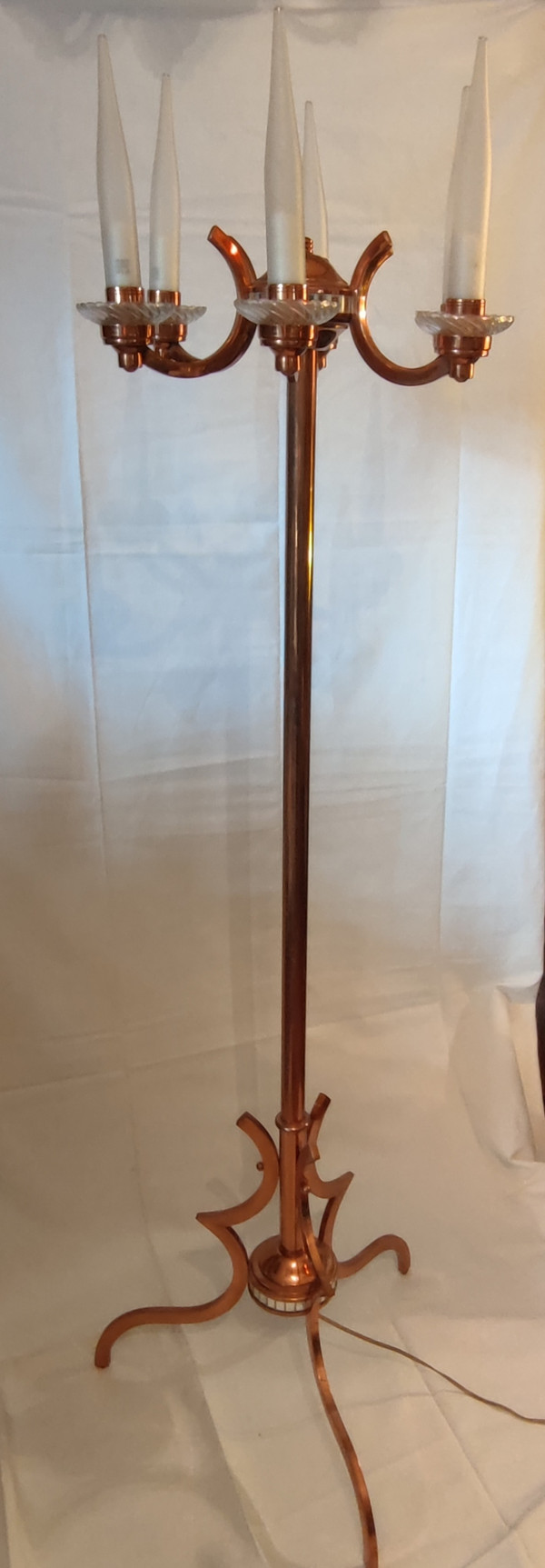Henri Petitot Art Deco Copper and Glass Chandelier Floor Lamp Set