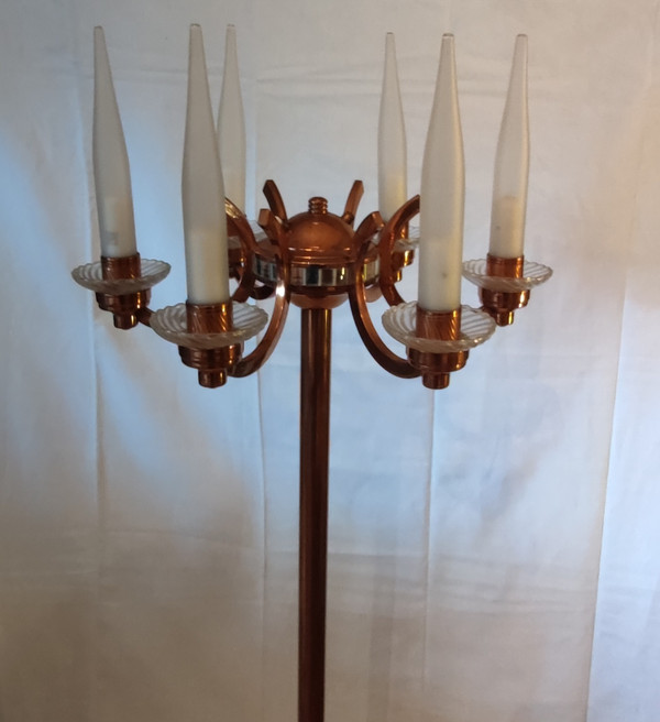 Henri Petitot Art Deco Copper and Glass Chandelier Floor Lamp Set