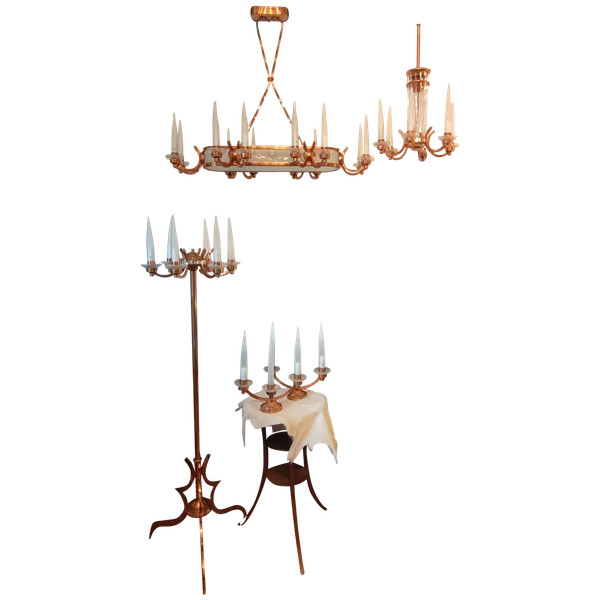 Henri Petitot Art Deco Copper and Glass Chandelier Floor Lamp Set