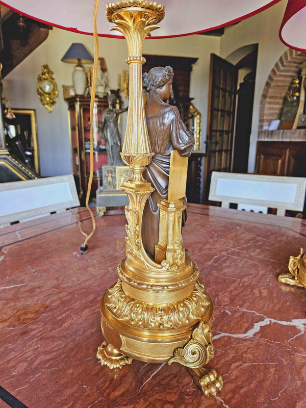 Henri Picard Pair of Lamps "aux Vestales" Gilt and Patinated Bronze Signed