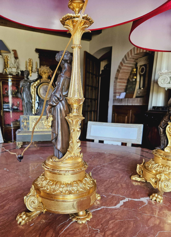 Henri Picard Pair of Lamps "aux Vestales" Gilt and Patinated Bronze Signed