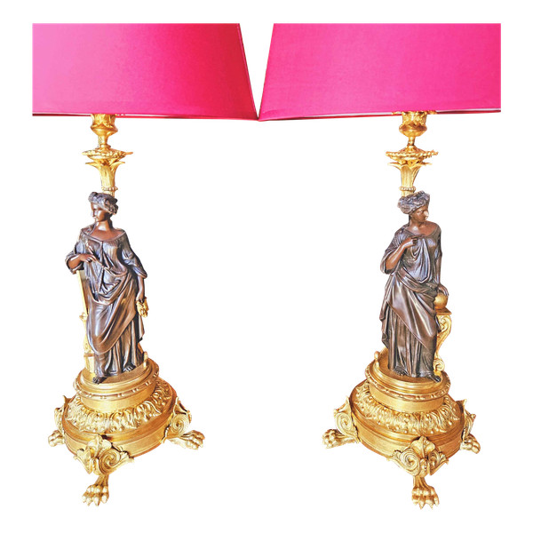 Henri Picard Pair of Lamps "aux Vestales" Gilt and Patinated Bronze Signed