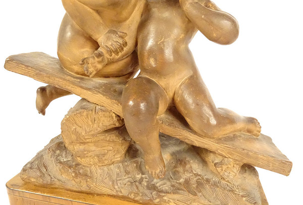 Scultura in Terracotta Emmanuel Villanis Bacio Infantile di Putti Fine XIX Secolo