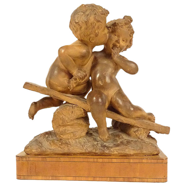 Scultura in Terracotta Emmanuel Villanis Bacio Infantile di Putti Fine XIX Secolo
