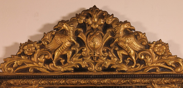 Miroir à Parecloses En Cuivre Repoussé Et ébène - Début Du 19° Siècle