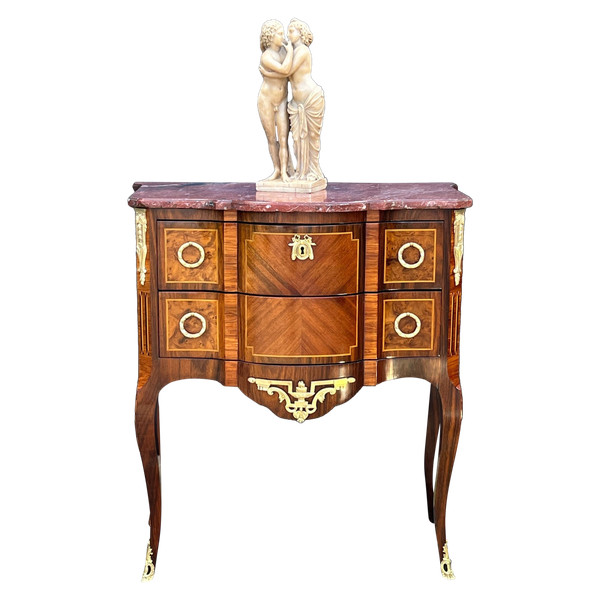 COMMODE ANCIENNE DU XIXe EN MARQUÈTERIE AVEC DESSUS MARBRE DE STYLE TRANSITION