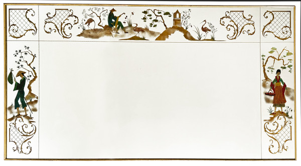 Brasserie mirror in eglomise glass decorated with chinoiserie scenes