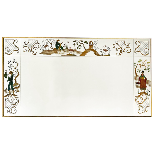 Brasserie mirror in eglomise glass decorated with chinoiserie scenes