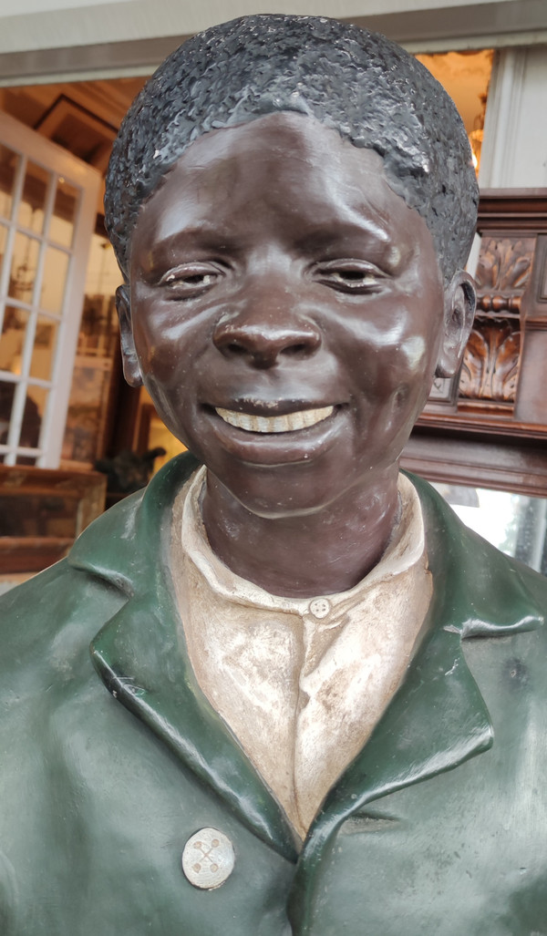 Vecchia grande statua Giovane afroamericano in gesso policromo DELARUE-PICARD 1885