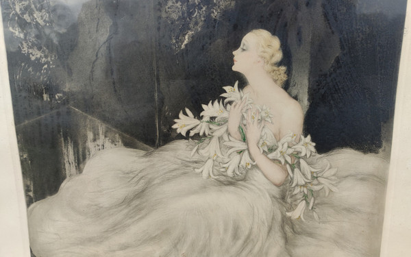 Ancienne grande Lithographie encadrée  La dame aux lys  Louis Icart Ancienne grande Lithographie enc