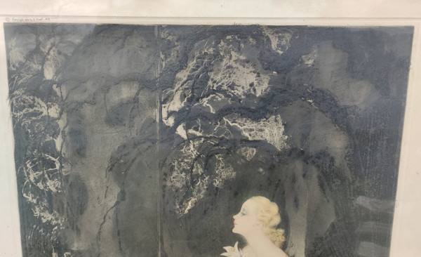 Ancienne grande Lithographie encadrée  La dame aux lys  Louis Icart Ancienne grande Lithographie enc