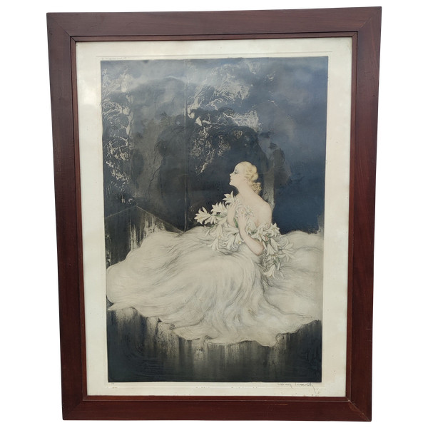 Ancienne grande Lithographie encadrée  La dame aux lys  Louis Icart Ancienne grande Lithographie enc