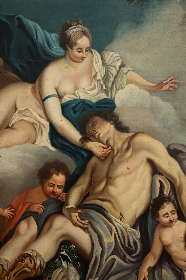 Tableau Ancienne Huile Sur Toile Représentant Vénus Et Adonis. France 18ème Siècle.