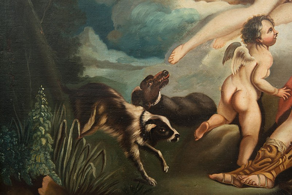 Tableau Ancienne Huile Sur Toile Représentant Vénus Et Adonis. France 18ème Siècle.