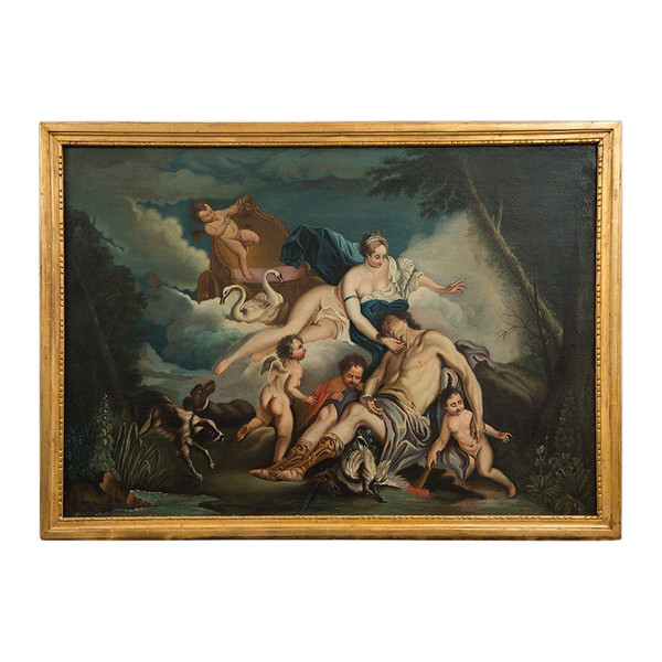 Tableau Ancienne Huile Sur Toile Représentant Vénus Et Adonis. France 18ème Siècle.