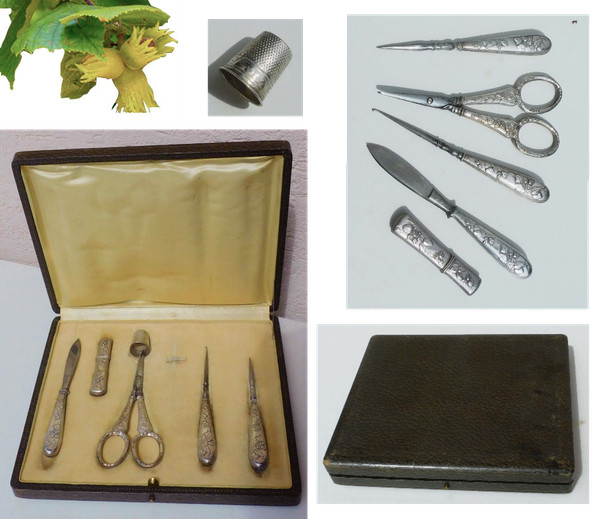 Coffret Nécessaire de couture en métal argenté ART NOUVEAU ancien début XXe ciseaux étui aiguille