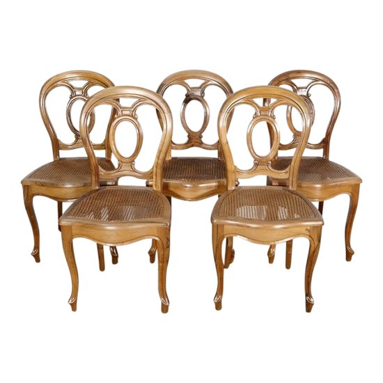  Set of 5 solid walnut chairs in the Louis XV style, Napoleon III period - Mid-19th century