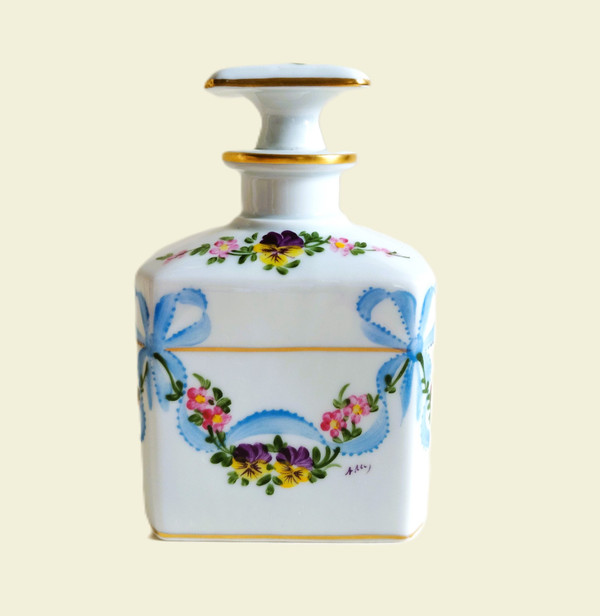 Limoges Porcelain Perfume Bottle Hand Painted And Gilted With Floral Decor Bowknot Pansies Vintage