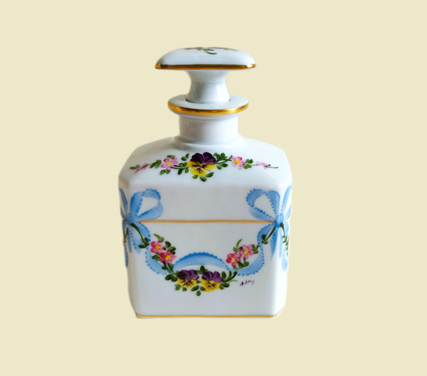 Limoges Porcelain Perfume Bottle Hand Painted And Gilted With Floral Decor Bowknot Pansies Vintage