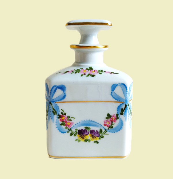 Limoges Porcelain Perfume Bottle Hand Painted And Gilted With Floral Decor Bowknot Pansies Vintage