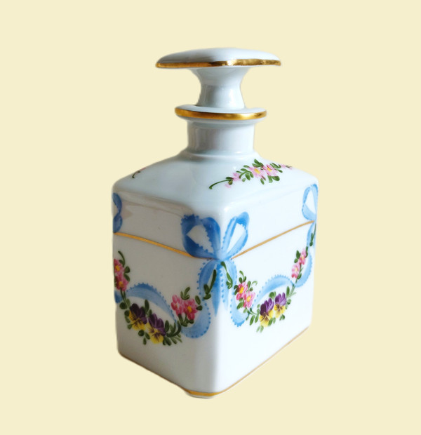 Limoges Porcelain Perfume Bottle Hand Painted And Gilted With Floral Decor Bowknot Pansies Vintage