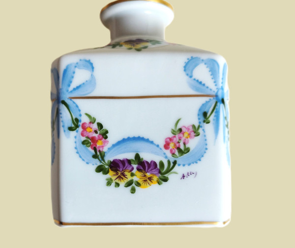 Limoges Porcelain Perfume Bottle Hand Painted And Gilted With Floral Decor Bowknot Pansies Vintage