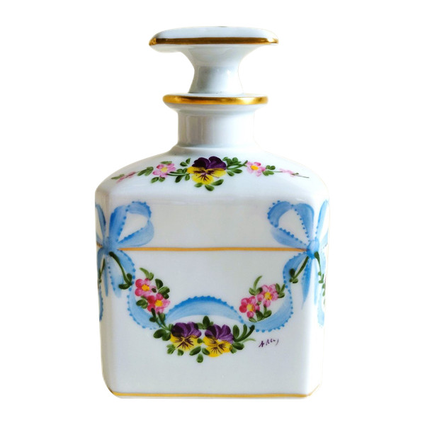 Limoges Porcelain Perfume Bottle Hand Painted And Gilted With Floral Decor Bowknot Pansies Vintage