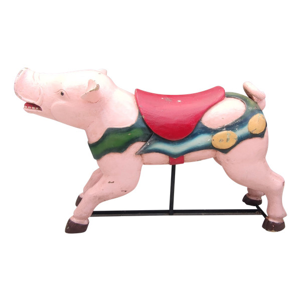 Ancien Sujet De Manège Cochon.  En bois sculpté polychrome  Art forain