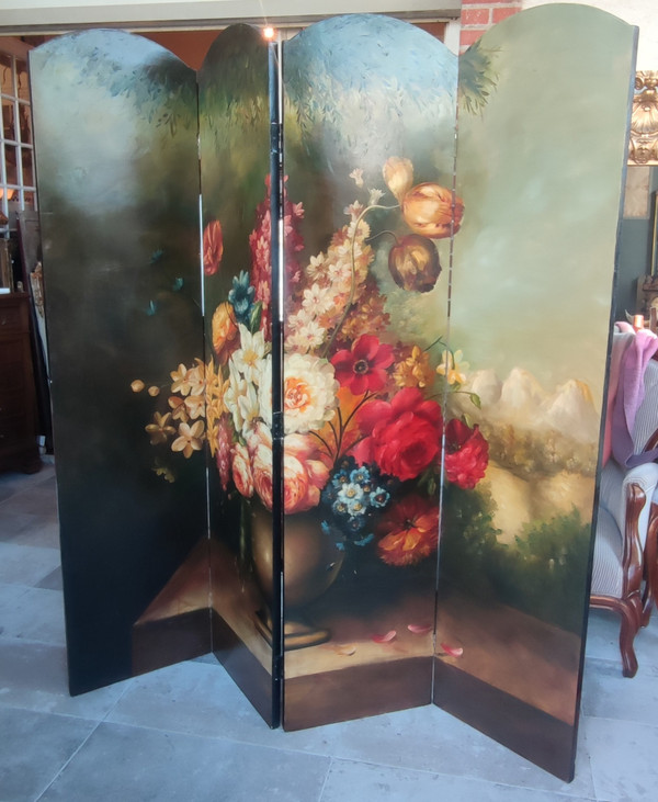 Ancien paravent  Décor Peinture à L Huile Bouquet De Fleurs Nature Morte  4 pans