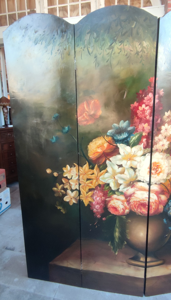 Ancien paravent  Décor Peinture à L Huile Bouquet De Fleurs Nature Morte  4 pans