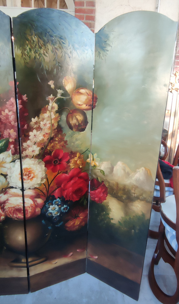 Ancien paravent  Décor Peinture à L Huile Bouquet De Fleurs Nature Morte  4 pans
